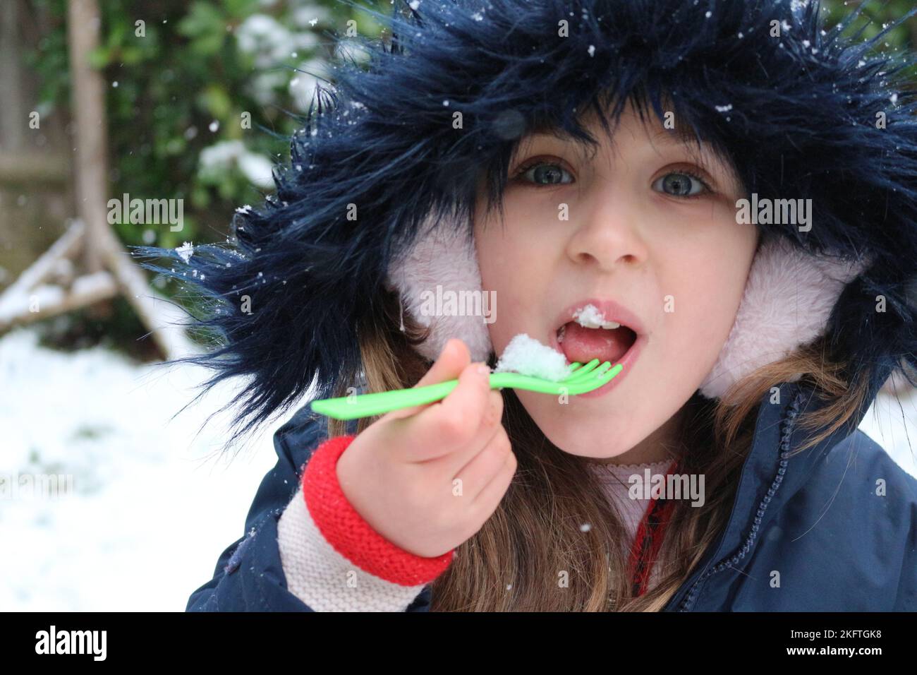 Jeune fille jouant dans la neige avec un chiot blanc Banque D'Images