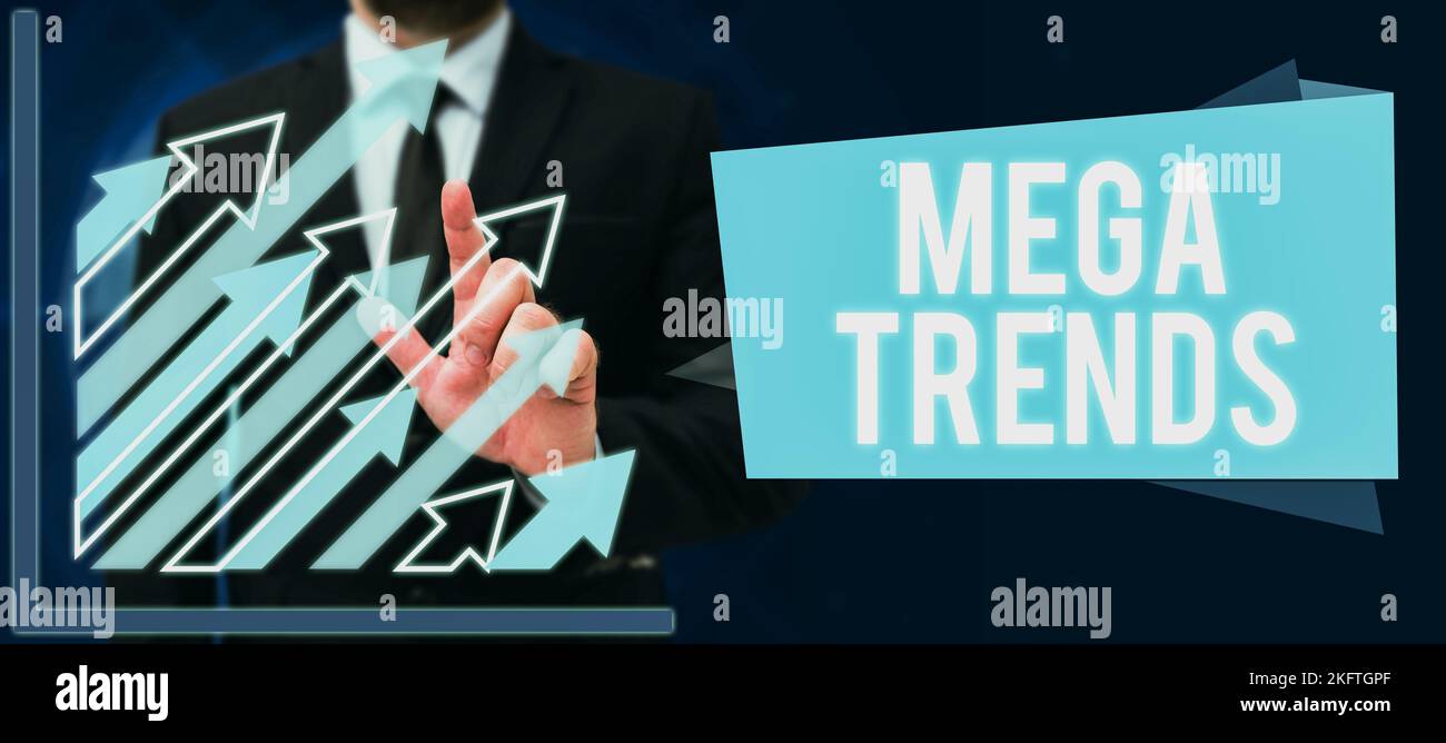 Légende présentant Mega Trends. Concept d'entreprise des phénomènes puissants qui ont un impact sur les fondations de notre monde Banque D'Images