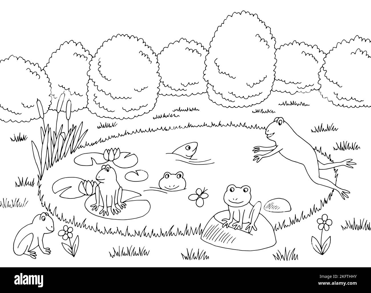 Drôle grenouille étang graphique noir blanc paysage esquisse illustration vecteur Illustration de Vecteur