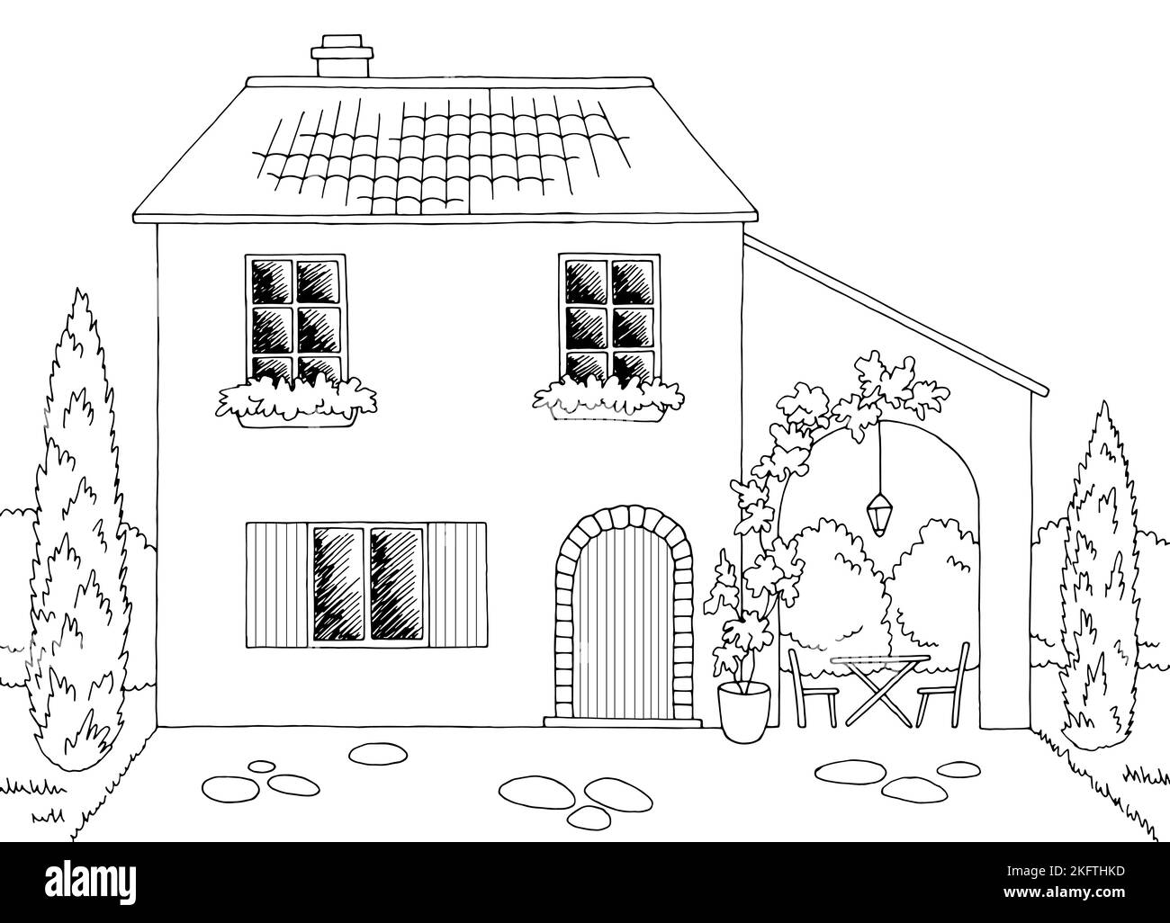 Maison de villa italienne bâtiment extérieur graphique noir blanc esquisse illustration vecteur Illustration de Vecteur