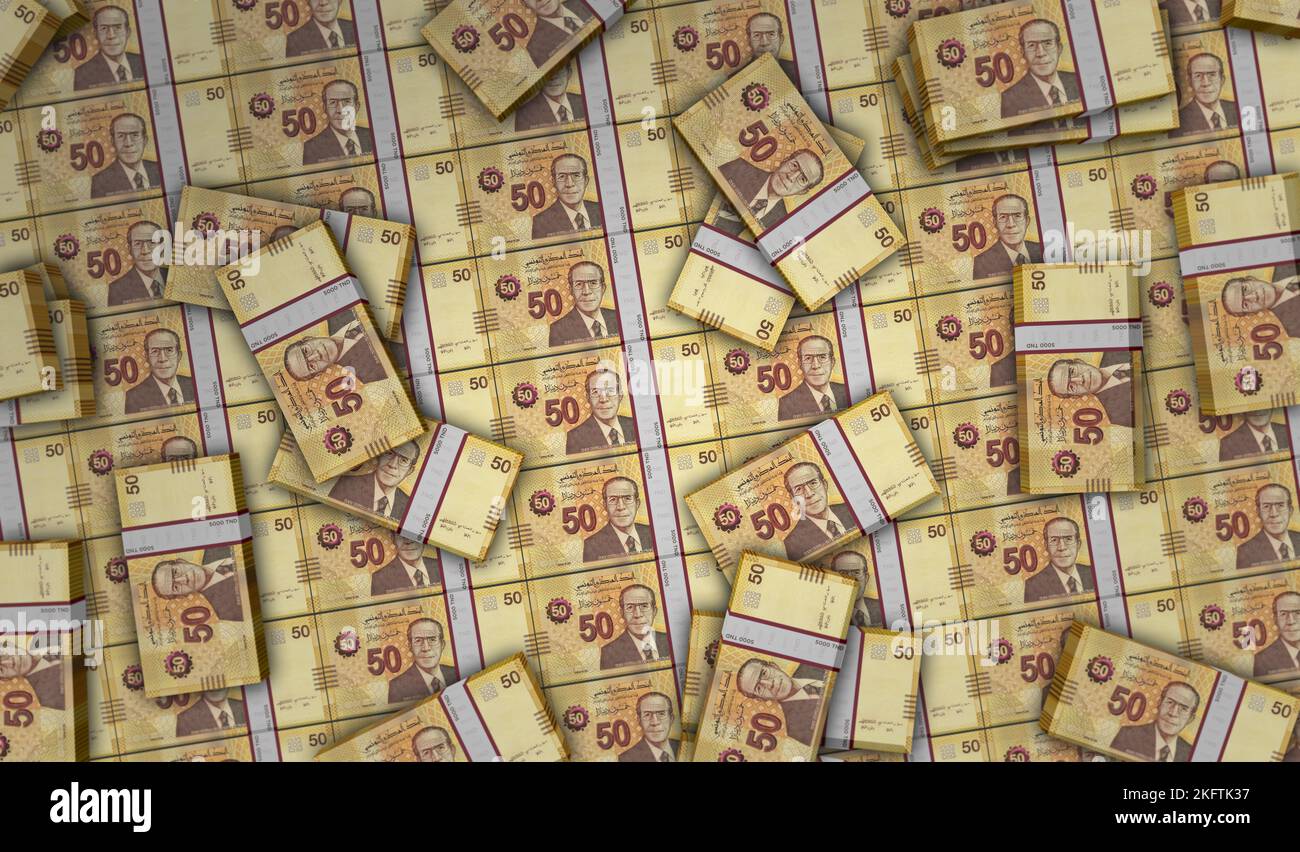 Tunisie argent Tunisie Dinar Money Pack 3D illustration. Piles de billets de banque TND. Le concept de finance, de trésorerie, de crise économique, de succès d'affaires, de reces Banque D'Images