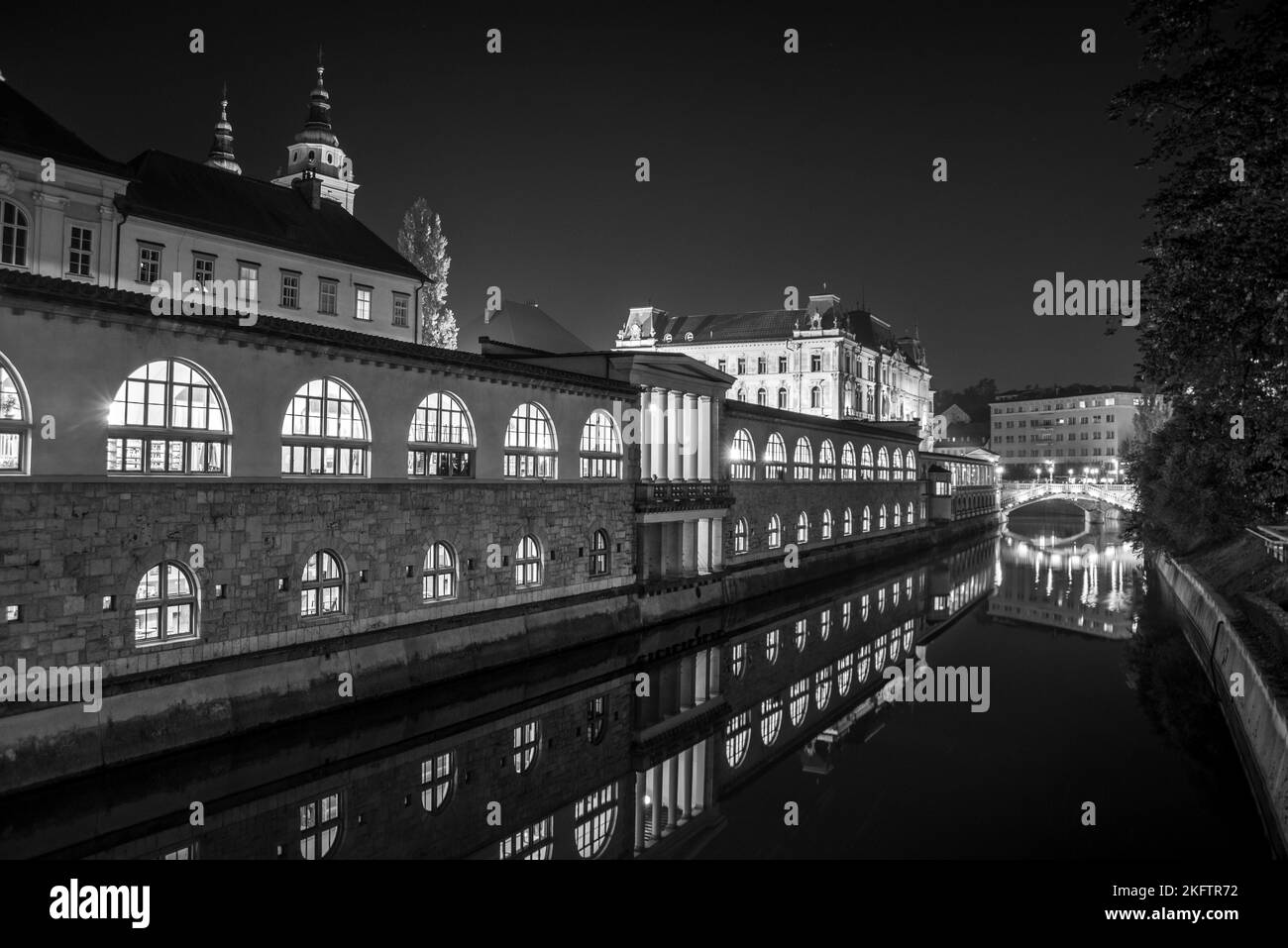 Bâtiment emblématique du marché central de Ljubljana illuminé la nuit, le pont de Preseren sqare en arrière-plan, la Slovénie Banque D'Images