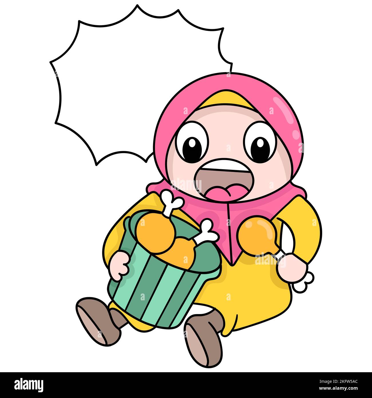 Une jolie fille mangeant des jambes de poulet avec un personnage de dessin animé de l'espace de copie isolé sur le fond blanc Illustration de Vecteur