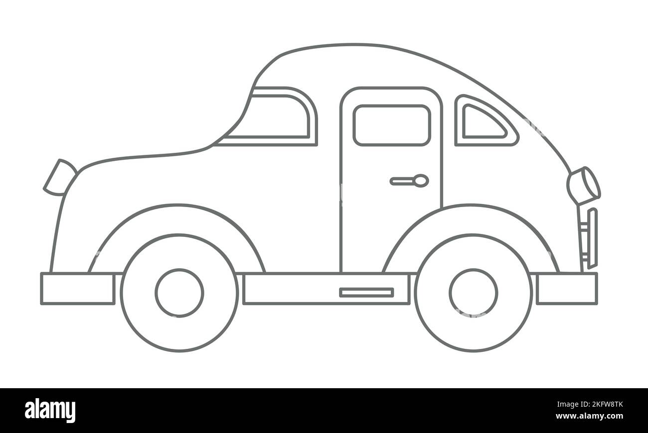 Jouet voiture pour bébé garçon. Illustration vectorielle pour la conception Kid en style de contour. Automobile vintage pour jeu puéril dans les couleurs noir et blanc sur fond isolé. Dessin d'une machine mignonne pour icône. Illustration de Vecteur