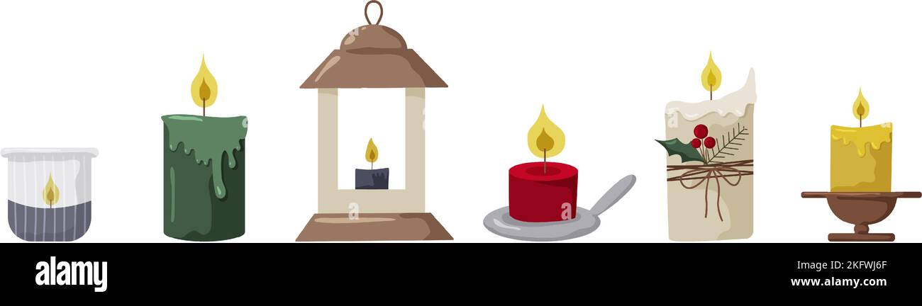 Bougies allumées. Jolie décoration intérieure en forme de hygge dessinée à la main ensemble d'illustrations vectorielles. Élément décoratif de Noël. Bougie style boho Chtistmas. Illustration de Vecteur