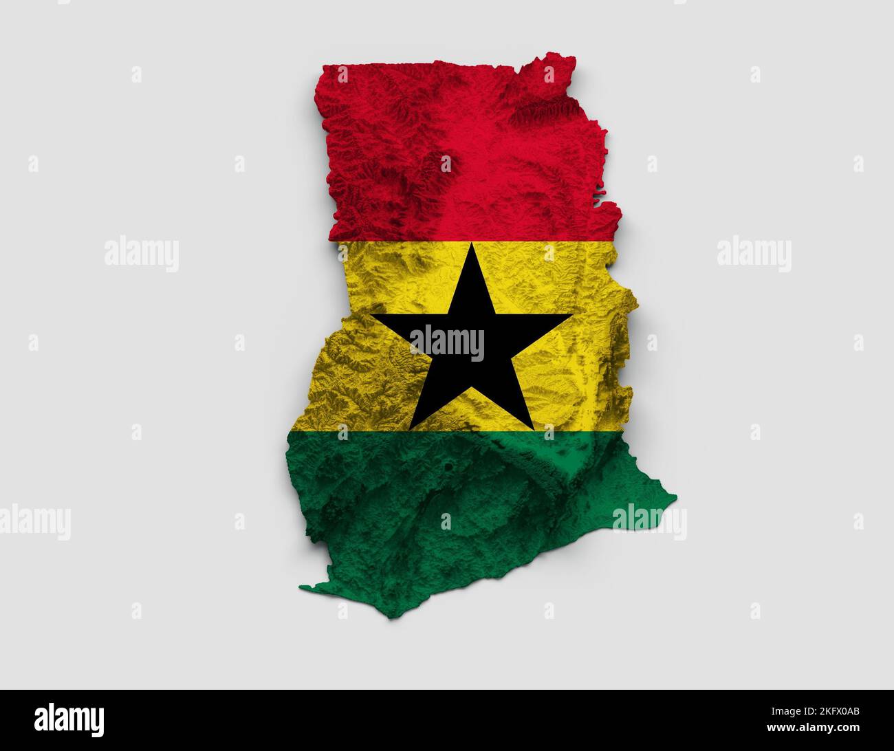 Illustration de la carte du Ghana en 3D avec relief ombré de couleurs de drapeau sur fond blanc Banque D'Images
