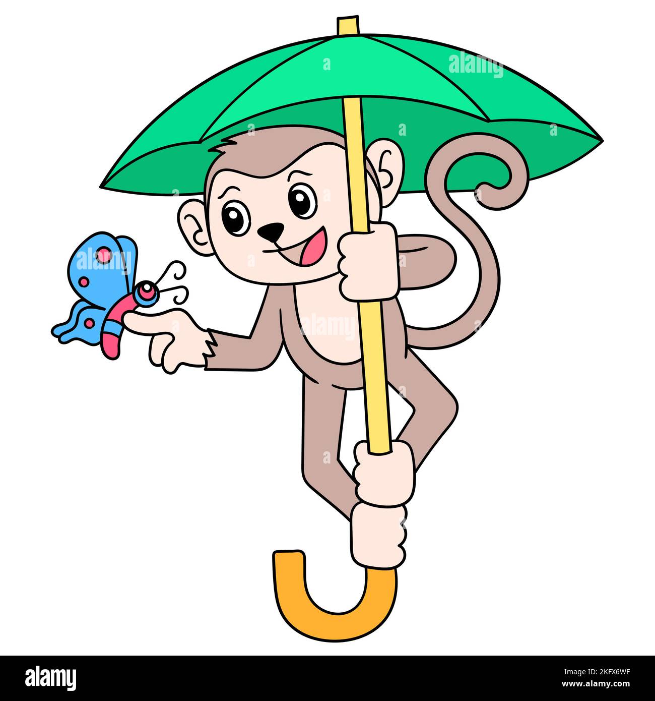 Vecteur modifiable d'un singe tenant un parapluie et jouant avec un papillon Illustration de Vecteur