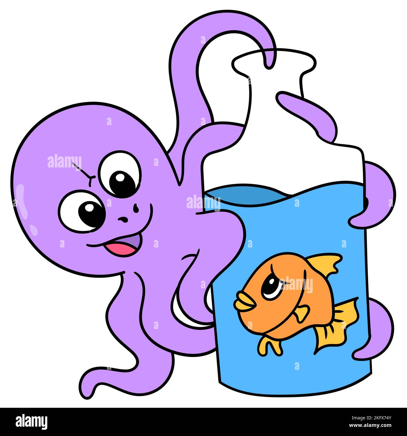 Vecteur modifiable d'un pieuvre maléfique tenant un poisson dans un pot en verre Illustration de Vecteur