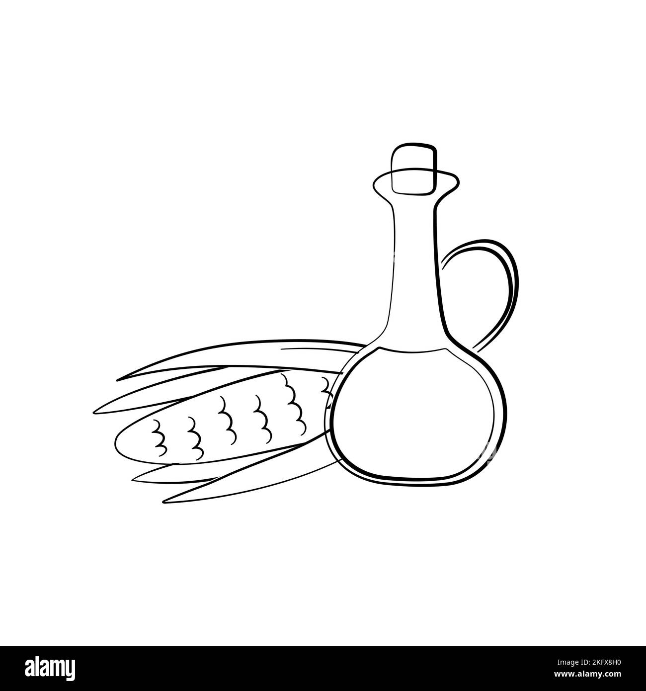 Symbole d'huile de maïs. Icône de bouteille d'huile à maïs. Dessin animé vectoriel dessiné à la main. Illustration de Vecteur