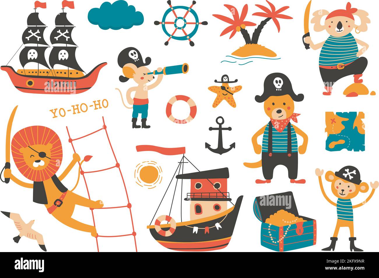 Dessins animés animaux pirates, l'océan aventures éléments marins. Pirate, voilier et mouette mignons pour enfants. Lion koala marin, singe avec Trésor, classe Illustration de Vecteur