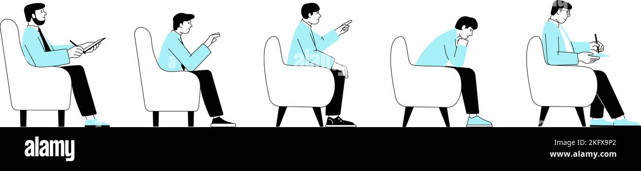 Les hommes assis dans des chaises différentes demi-face pose. Homme d'affaires pointe sur quelque chose, écrit, pensant. Personnages élégants vectoriels investisseur plat isolés Illustration de Vecteur