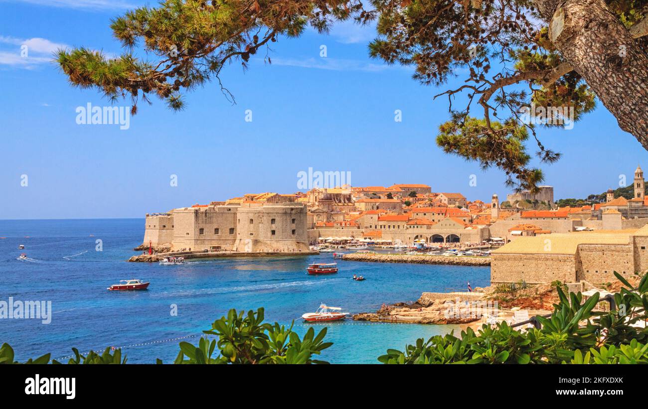 Paysage côtier d'été - vue sur le port de la ville et le port de plaisance de la vieille ville de Dubrovnik sur la côte Adriatique de la Croatie Banque D'Images