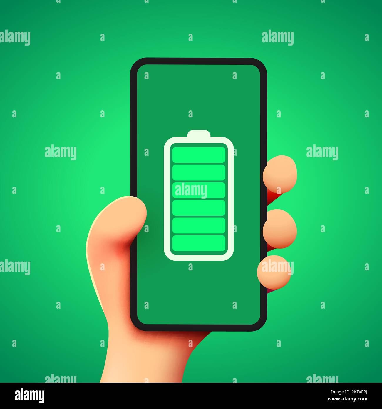 Joli dessin animé main tenant le smartphone mobile avec batterie pleine. Concept d'autonomie de la batterie. Illustration vectorielle Illustration de Vecteur