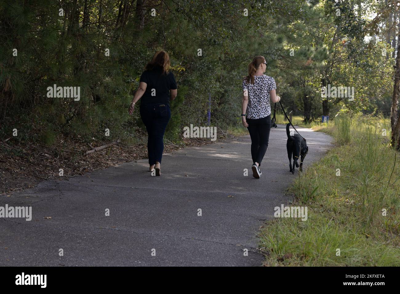 Melissa Craft, responsable du plaidoyer familial, et Ashley Wilson, clinicienne du Programme de plaidoyer familial, marchent pour soutenir la prévention de la violence domestique à la marche de Paws contre la violence domestique à la station aérienne du corps des Marines Beaufort, Caroline du Sud, le 13 octobre 2022. Services communautaires du corps maritime le Programme de promotion de la famille a fourni des sacs à chiens, des gâteries et des ressources communautaires pendant la marche. Banque D'Images