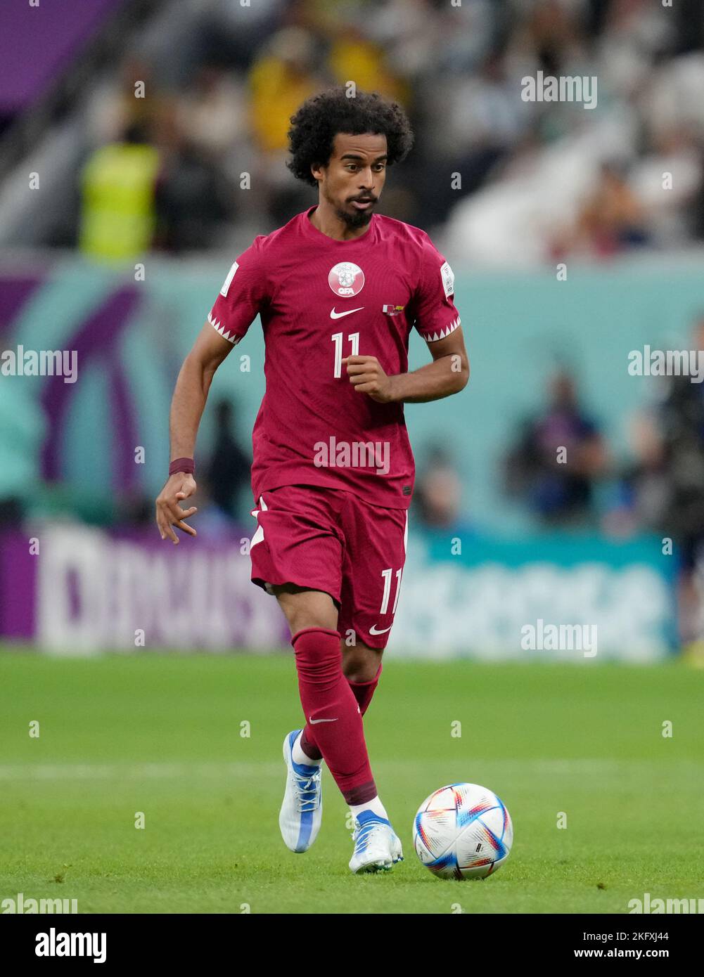 Akram Afif au Qatar pendant la coupe du monde de la FIFA Un match au stade Al Bayt à Al Khor, Qatar. Date de la photo: Dimanche 20 novembre 2022. Banque D'Images