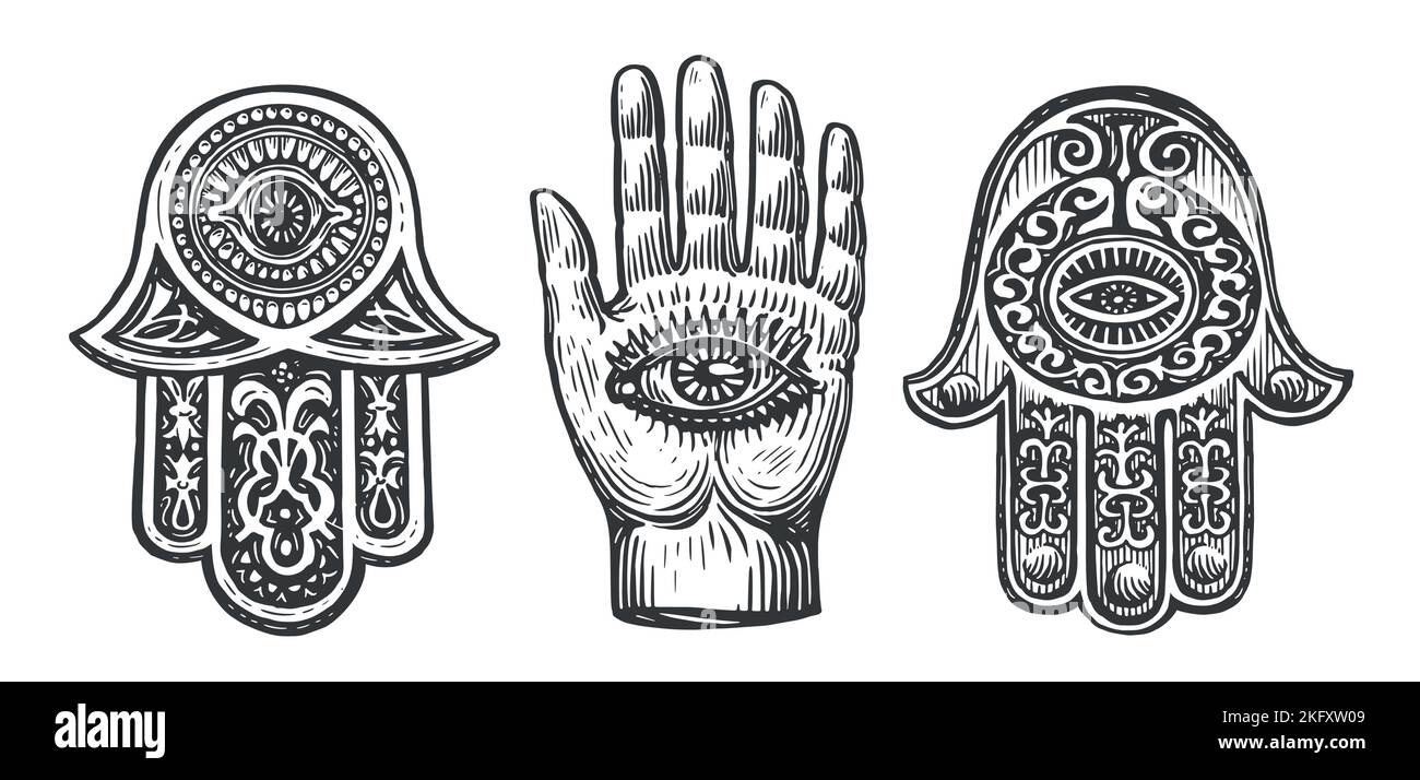 Hamsa ou main de Fatima avec croquis d'ornements. Amulet, symbole de protection contre l'œil du diable. Illustration vectorielle vintage Illustration de Vecteur