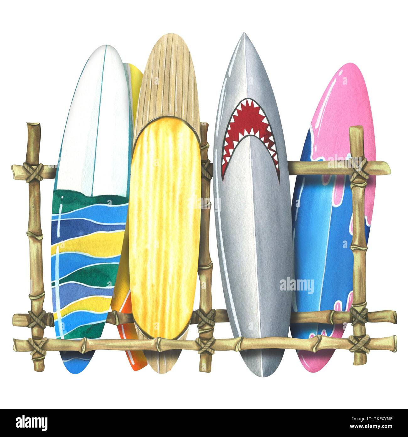 Différentes planches de surf sur un support en bambou. Illustration aquarelle. La composition est isolée sur un fond blanc de la collection DE SURF. Pour Banque D'Images