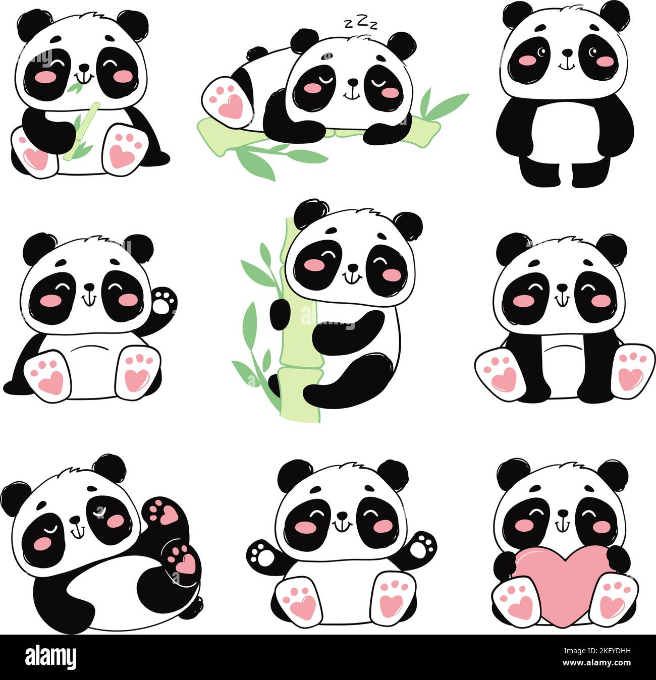 Pandas mignons. Ensemble vectoriel d'illustrations de petits en noir et blanc, imprimé animal de style plat sur fond blanc. Illustration de Vecteur