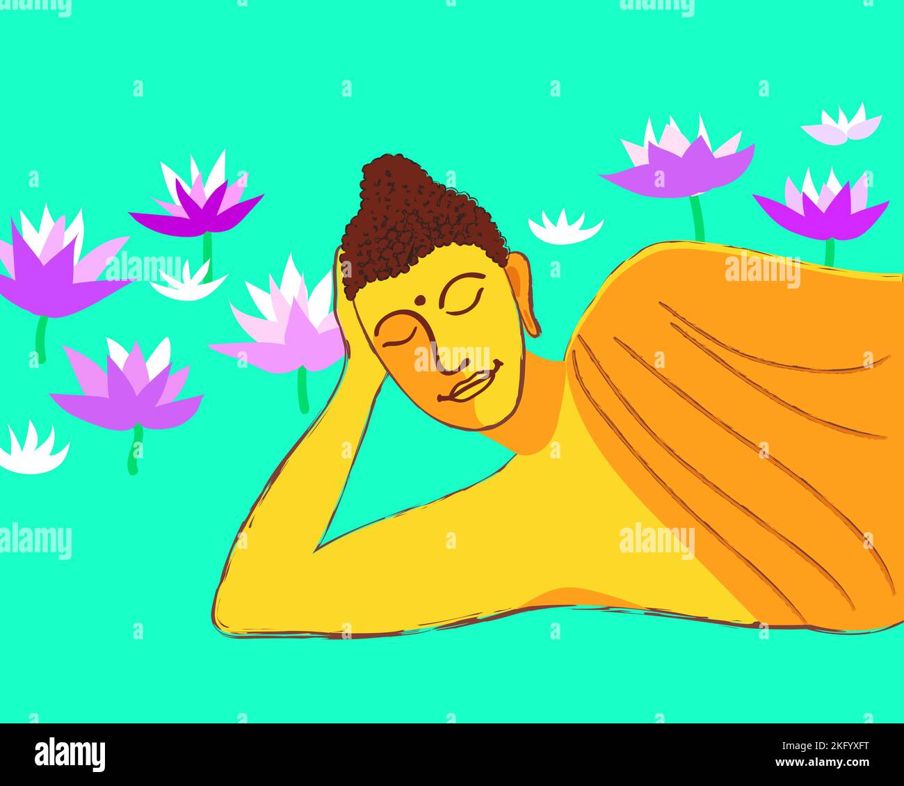 Bouddha couché doré parmi les lotuses dans le style de dessin animé. Illustration vectorielle Illustration de Vecteur