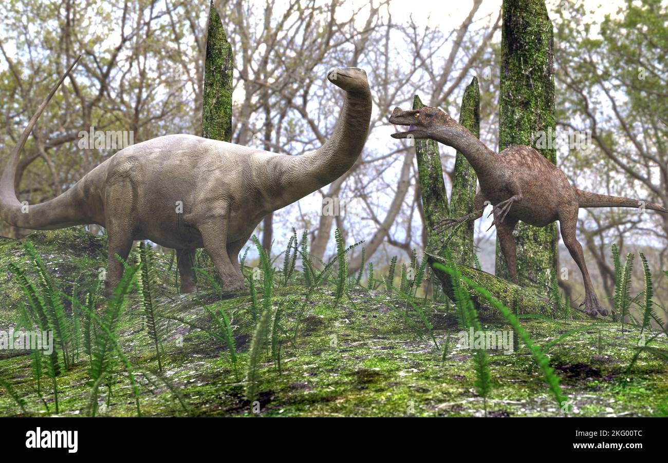 Une illustration de 3D des dinosaures dans une forêt. Le jeune brontosaurus est surpris par une ornitholestes affamée de chasse. Banque D'Images