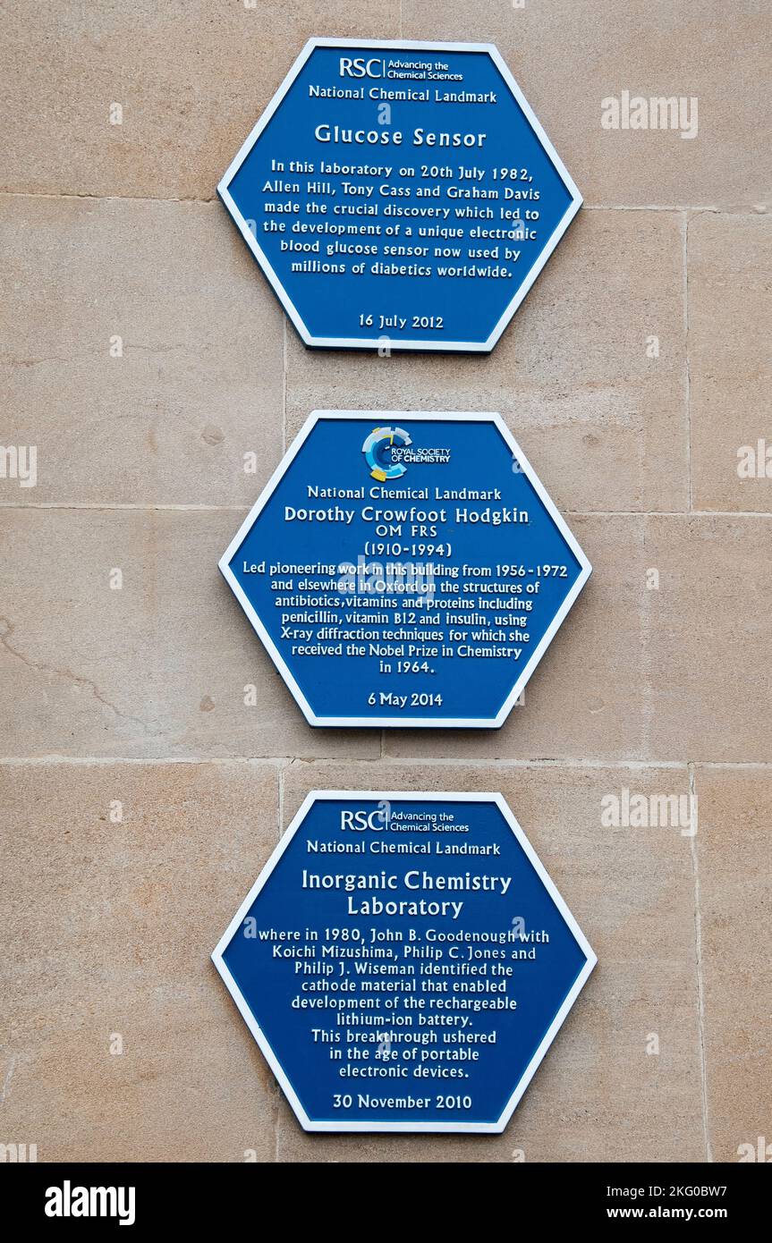 Trois plaques de la Royal Society of Chemistry (RSC) sur le laboratoire de chimie inorganique de l'Université d'Oxford Banque D'Images