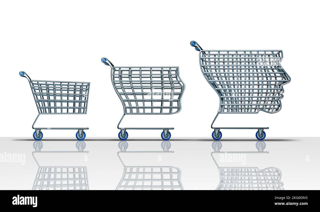 Développement de la clientèle et concept d'acheteur au détail en tant que panier d'achat évoluant et se faisant évoluer vers un acheteur intelligent en tant que croissance de la stratégie de vente d'entreprise Banque D'Images Développement de la clientèle et concept d'acheteur au détail en tant que panier d'achat évoluant et se faisant évoluer vers un acheteur intelligent en tant que croissance de la stratégie de vente d'entreprise Banque D'Images