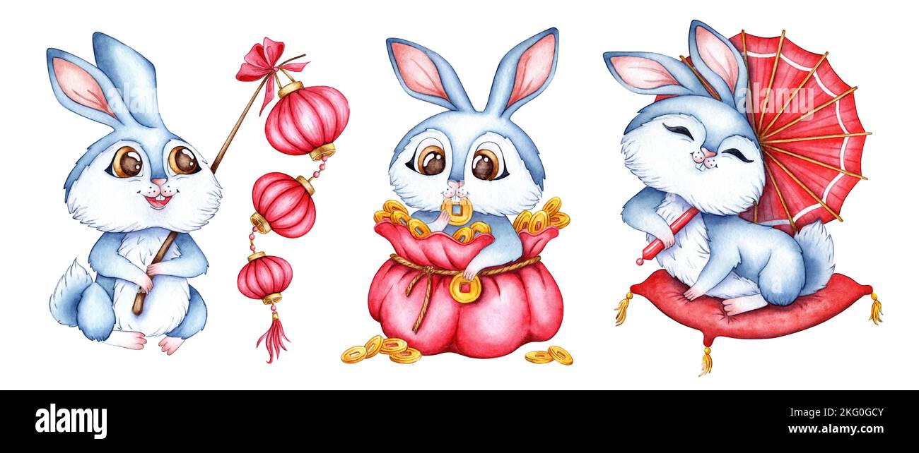 Un ensemble d'illustrations aquarelles de lapins bleus avec lanternes, dans un sac d'argent et avec un parapluie. Vacances, fête, nouvel an. Idéal pour les t-s. Banque D'Images