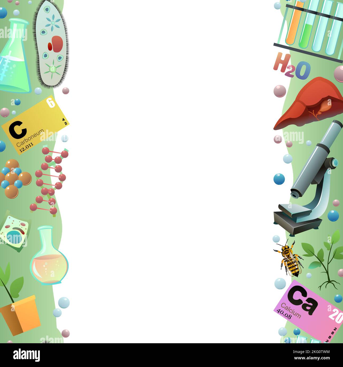 Cadre vertical sans couture pour la chimie. Style de dessin animé. Photo des articles scientifiques. Étude des cellules vivantes des plantes, des animaux et des humains. Isolé sur fond blanc Illustration de Vecteur