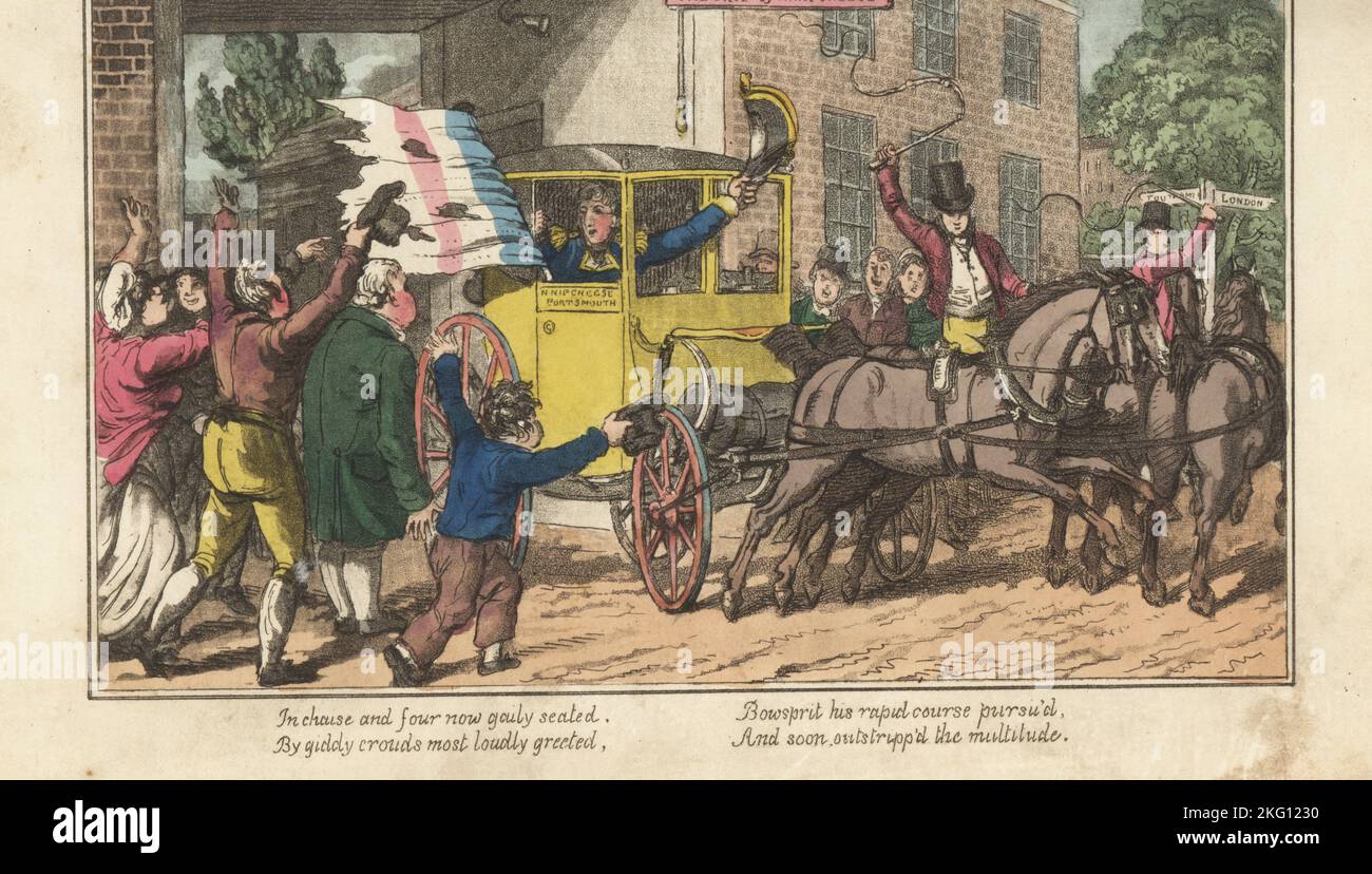 Un commandant de bord de la régence anglaise avec une nouvelle de la victoire est rencontré par une foule excitée à an inn. Le capitaine Bowscrit fait passer son bicorne et un drapeau français capturé d'une chaise longue. « Nip Cheese Portsmouth » sur la porte du chariot. Gravure sur plaque de coperplate de couleur main par Charles Williams du capitaine de poste, ou aventures d'un vrai Tar britannique par un officier naval, J. Johnston, Londres, 1817. Attribué à Alfred Thornton ou John Mitford. Banque D'Images