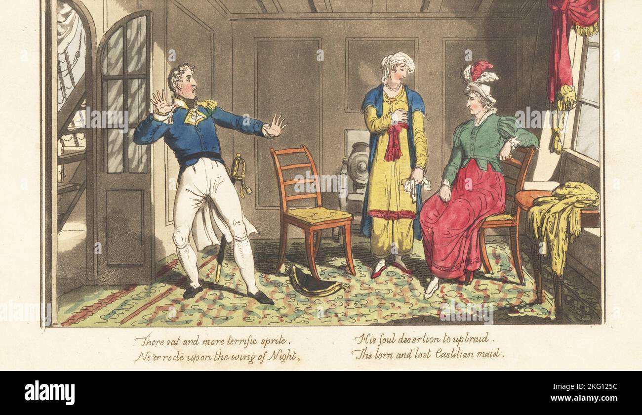Un officier de marine anglais surpris par deux femmes dans sa cabine. L'amiral Bowscrit a choqué de voir son fiancé castillien et son odalisque anglaise Ellen ensemble. La cabine est décorée avec de la moquette, des rideaux et du canon. Gravure sur plaque de coperplate de couleur main par Charles Williams du capitaine de poste, ou aventures d'un vrai Tar britannique par un officier naval, J. Johnston, Londres, 1817. Attribué à Alfred Thornton ou John Mitford. Banque D'Images