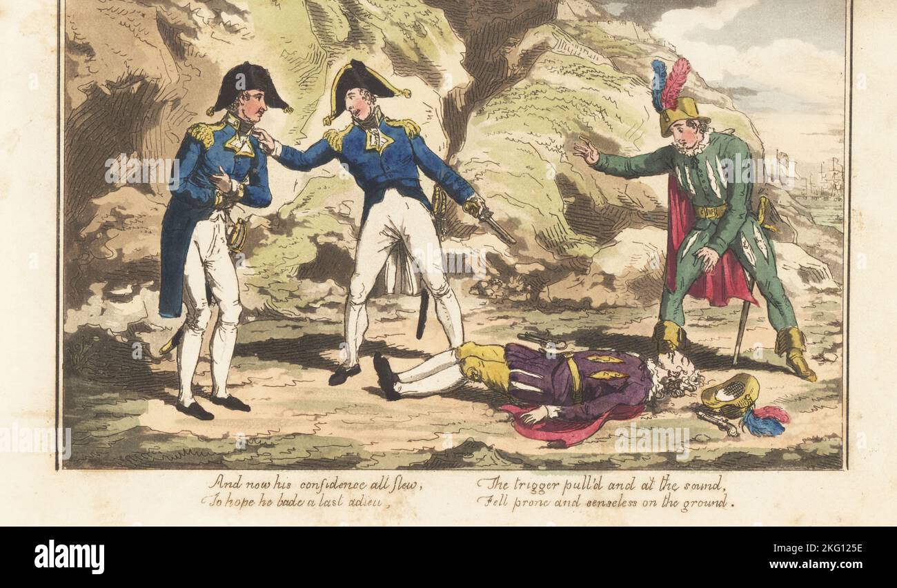 Officier naval de Régence anglaise et homme espagnol après un duel avec des pistolets. L'amiral Bowscrit se dresse au-dessus de l'inconscient castillan Rodrigo. Un officier tient un pistolet, tandis qu'un deuxième espagnol va aider son ami. Gravure sur plaque de coperplate de couleur main par Charles Williams du capitaine de poste, ou aventures d'un vrai Tar britannique par un officier naval, J. Johnston, Londres, 1817. Attribué à Alfred Thornton ou John Mitford. Banque D'Images