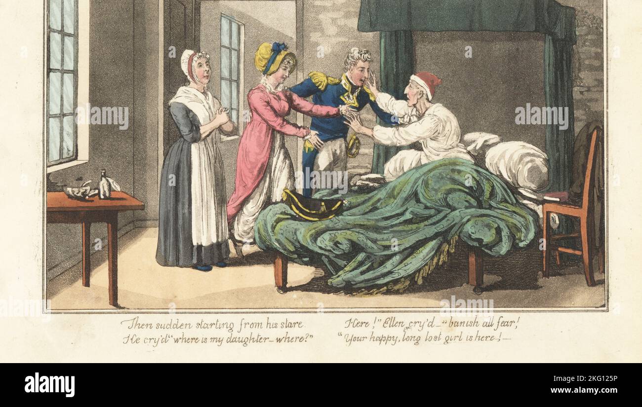 Un officier de marine anglais unit une fille à son père. L'amiral Bowscrit amène Ellen, odalisque secouru, à rencontrer Old Primrose dans la maison pauvre. Une femme de ménage regarde. Gravure sur plaque de coperplate de couleur main par Charles Williams du capitaine de poste, ou aventures d'un vrai Tar britannique par un officier naval, J. Johnston, Londres, 1817. Attribué à Alfred Thornton ou John Mitford. Banque D'Images