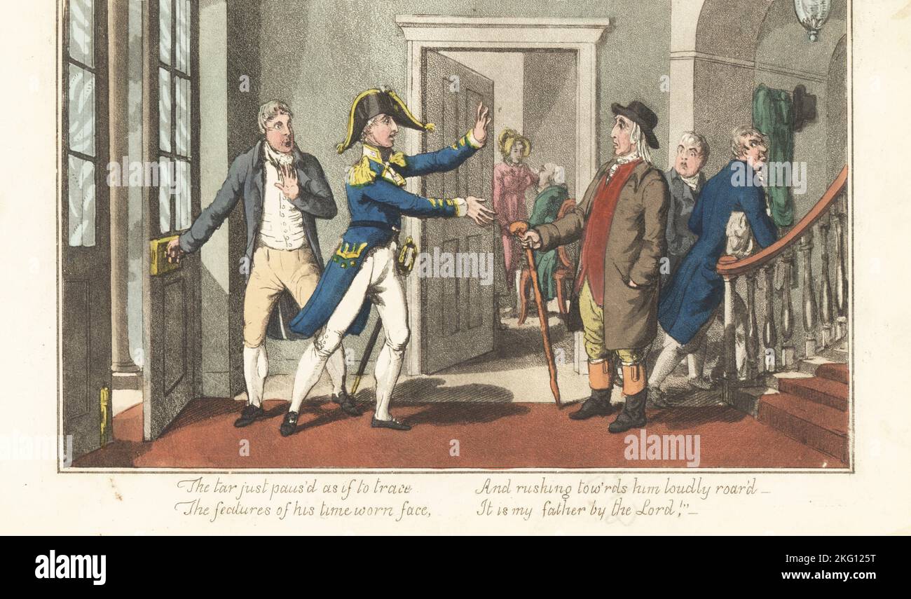 Un officier de marine anglais accueille un vieil homme dans une auberge. L'amiral Bowscrit s'est réunie avec son père. Dans une pièce arrière, Ellen, l'odalisque sauvé, parle à son père Old Primrose. Gravure sur plaque de coperplate de couleur main par Charles Williams du capitaine de poste, ou aventures d'un vrai Tar britannique par un officier naval, J. Johnston, Londres, 1817. Attribué à Alfred Thornton ou John Mitford. Banque D'Images