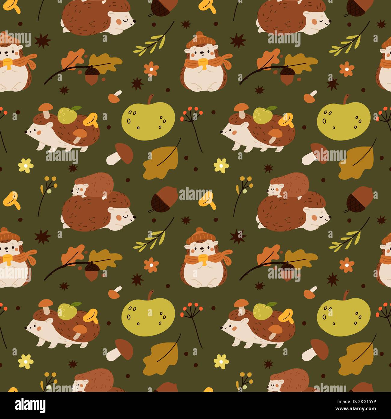 Joli motif sans coutures hérissons. Animaux de la forêt d'automne avec fruits, champignons. Feuilles et glands en chêne. Personnages comiques amusants. Des mammifères adorables. Sauvage Illustration de Vecteur