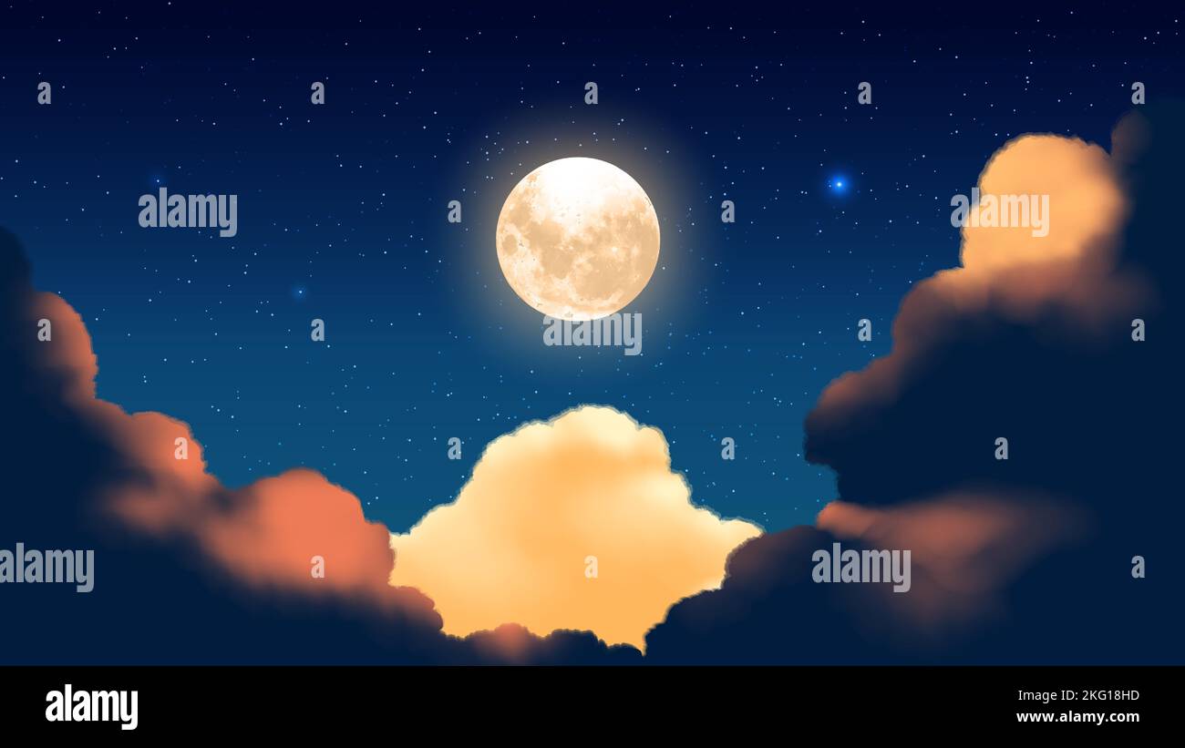 illustration vectorielle des nuages de cumulonimbus la nuit avec un fond de nuit étoilée et une grande lune pleine Illustration de Vecteur