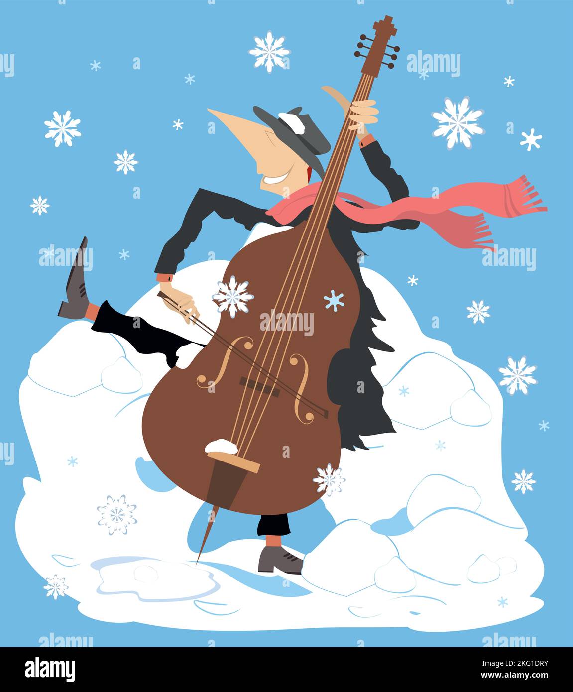 Hiver. Neige. Violoncelle. Concert d'hiver. Flocons de neige. Un violoncelliste souriant qui joue de la musique avec inspiration Illustration de Vecteur
