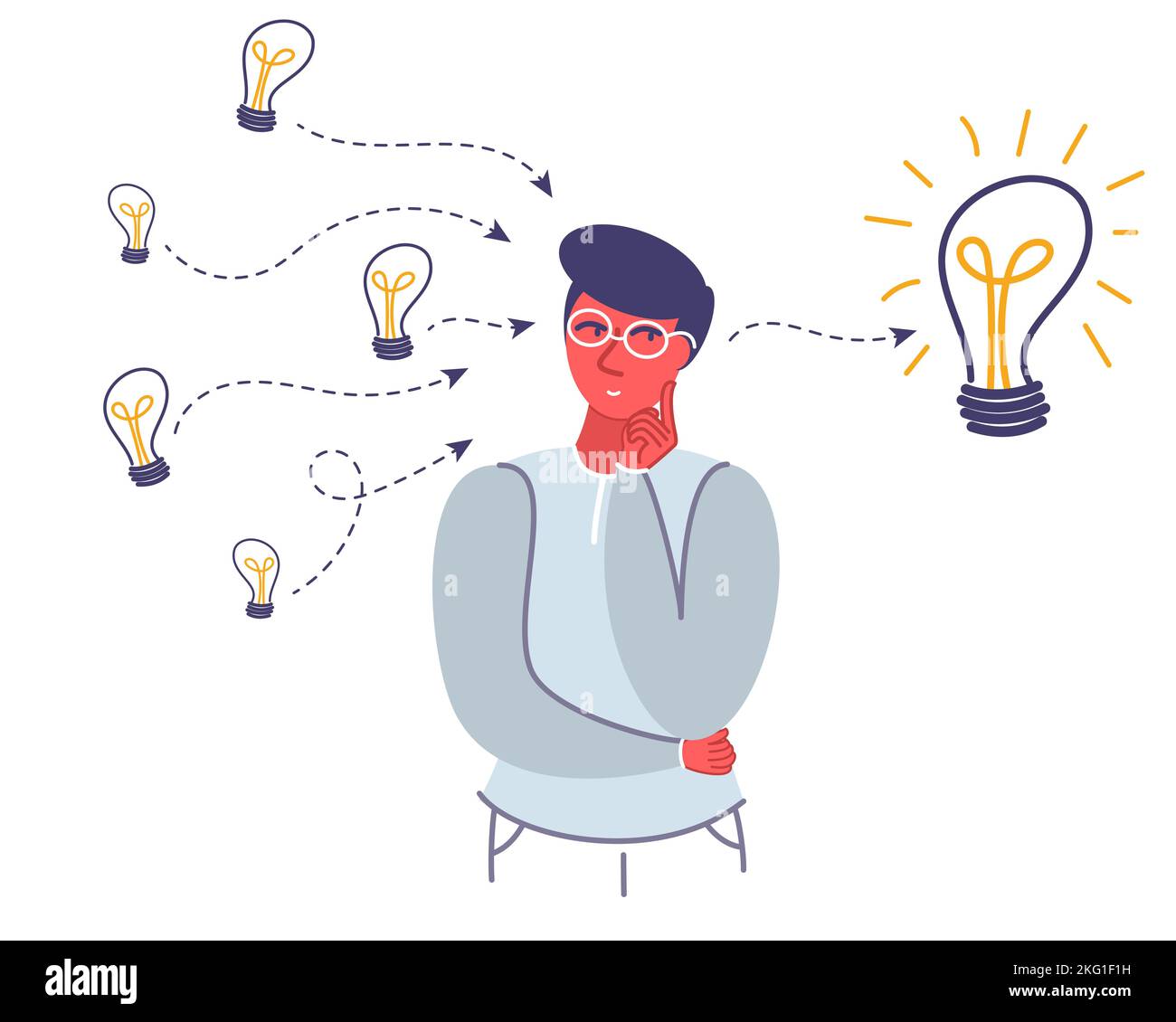 Penser jeune homme et ampoules, illustration de conception de style plat vectoriel. Recherche d'idées, génération d'idées innovantes concept pour bannière Web, nous Illustration de Vecteur