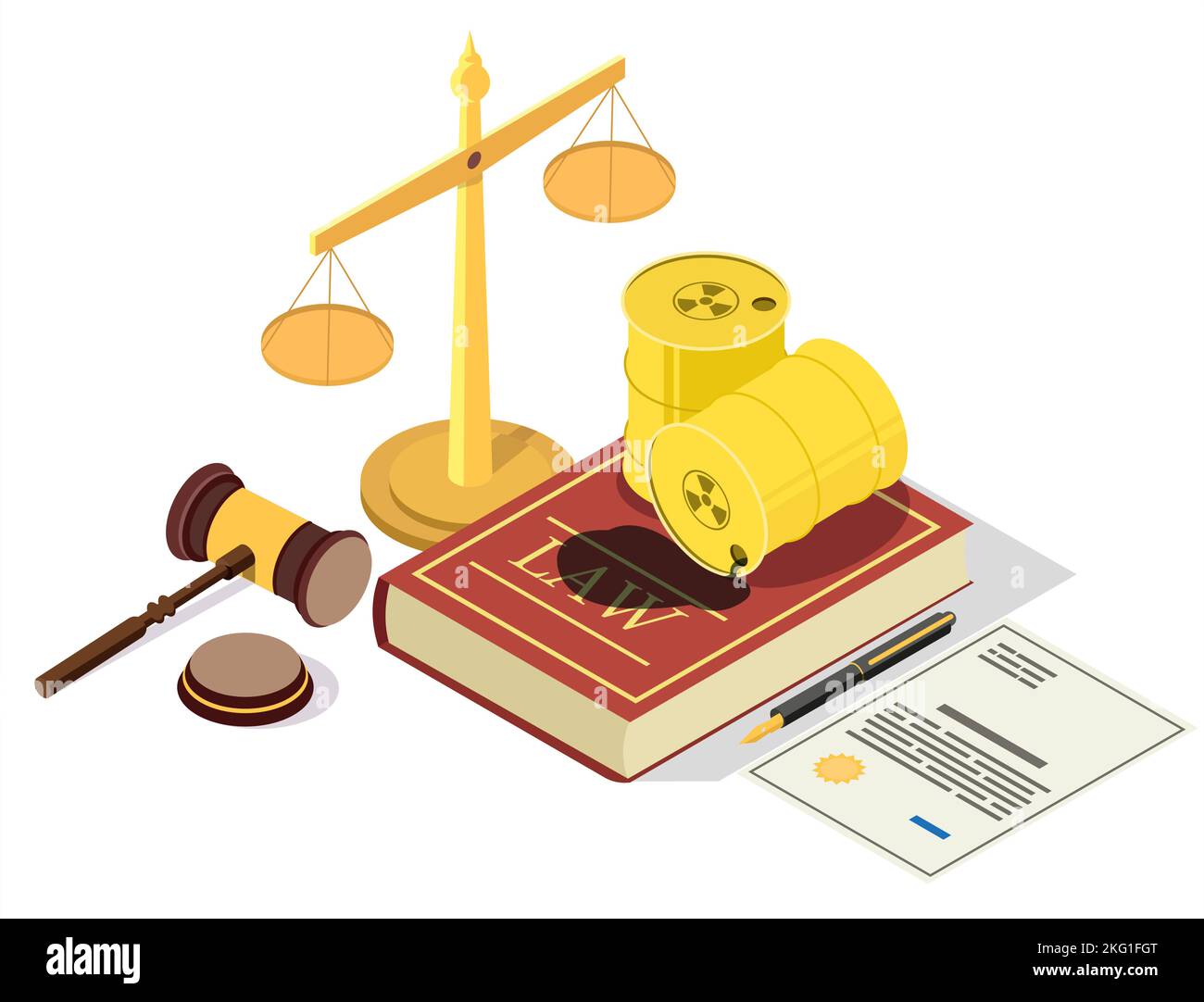Illustration isométrique à plan avec vecteur de loi d'utilisation. Symboles juridiques Livre de loi et baril avec déchets radioactifs, balances de justice, juge gavel. Nucléaire Illustration de Vecteur