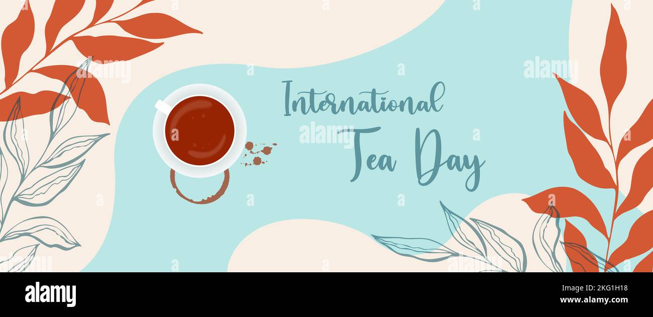 Bannière Tea Day de style boho avec tasse à thé et imprimés à taches avec gouttes, Journée internationale du thé, feuilles de coolé botanique. Illustration vectorielle Illustration de Vecteur