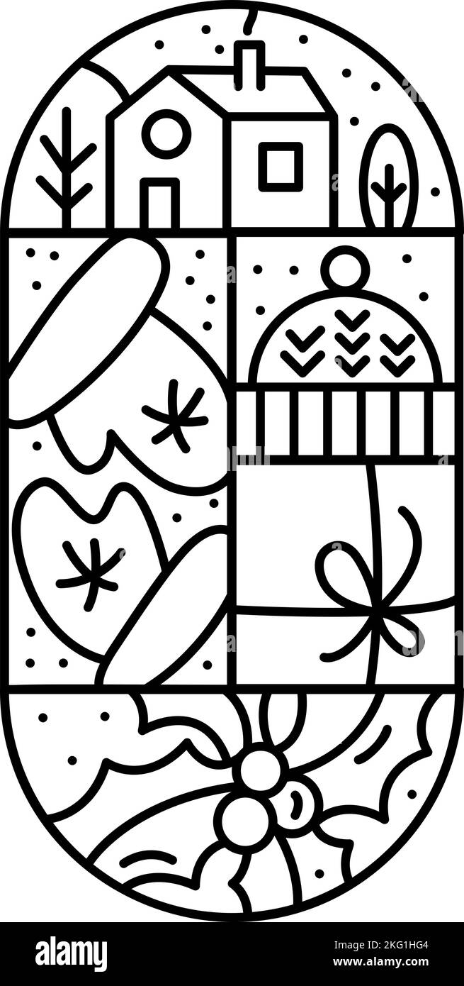 Composition de l'Avent de Noël neige, boîtes-cadeaux, chapeau, maison et arbres. Logo de constructeur de vecteur d'hiver dessiné à la main dans deux cadres demi-ronds et rectangles Illustration de Vecteur