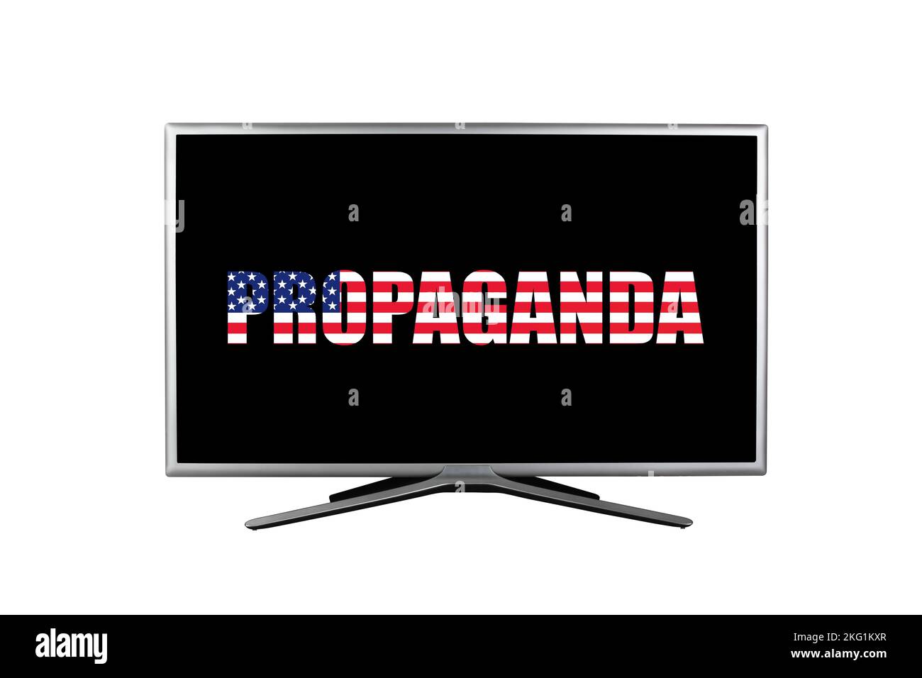 L'inscription propagande dans les couleurs du drapeau américain sur un écran de télévision noir isolé sur un fond blanc Banque D'Images