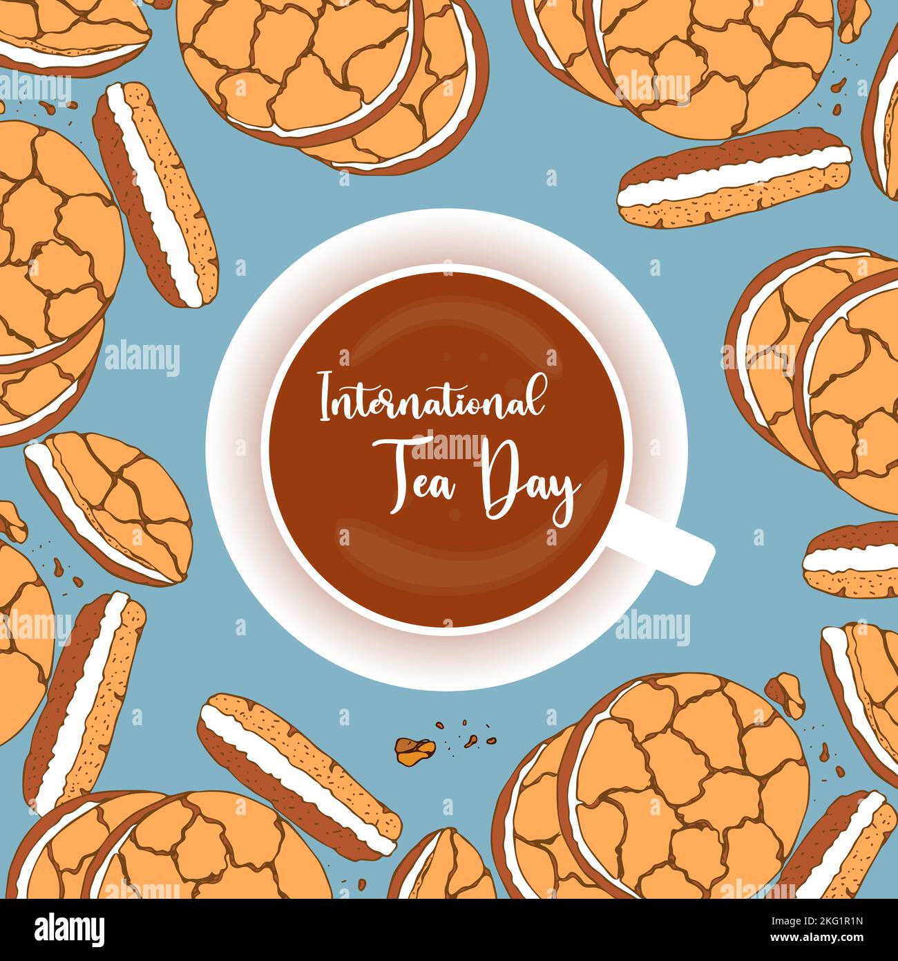 Bannière du jour du thé avec tasse de thé et biscuits, Journée internationale du thé, feuilles de nouilles botaniques. Illustration vectorielle Illustration de Vecteur