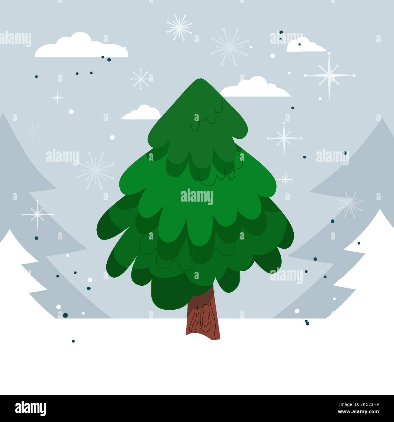 Arbre de Noël avant la décoration sur le paysage d'hiver. Bonne Année. Vacances d'hiver. Style plat Illustration de Vecteur