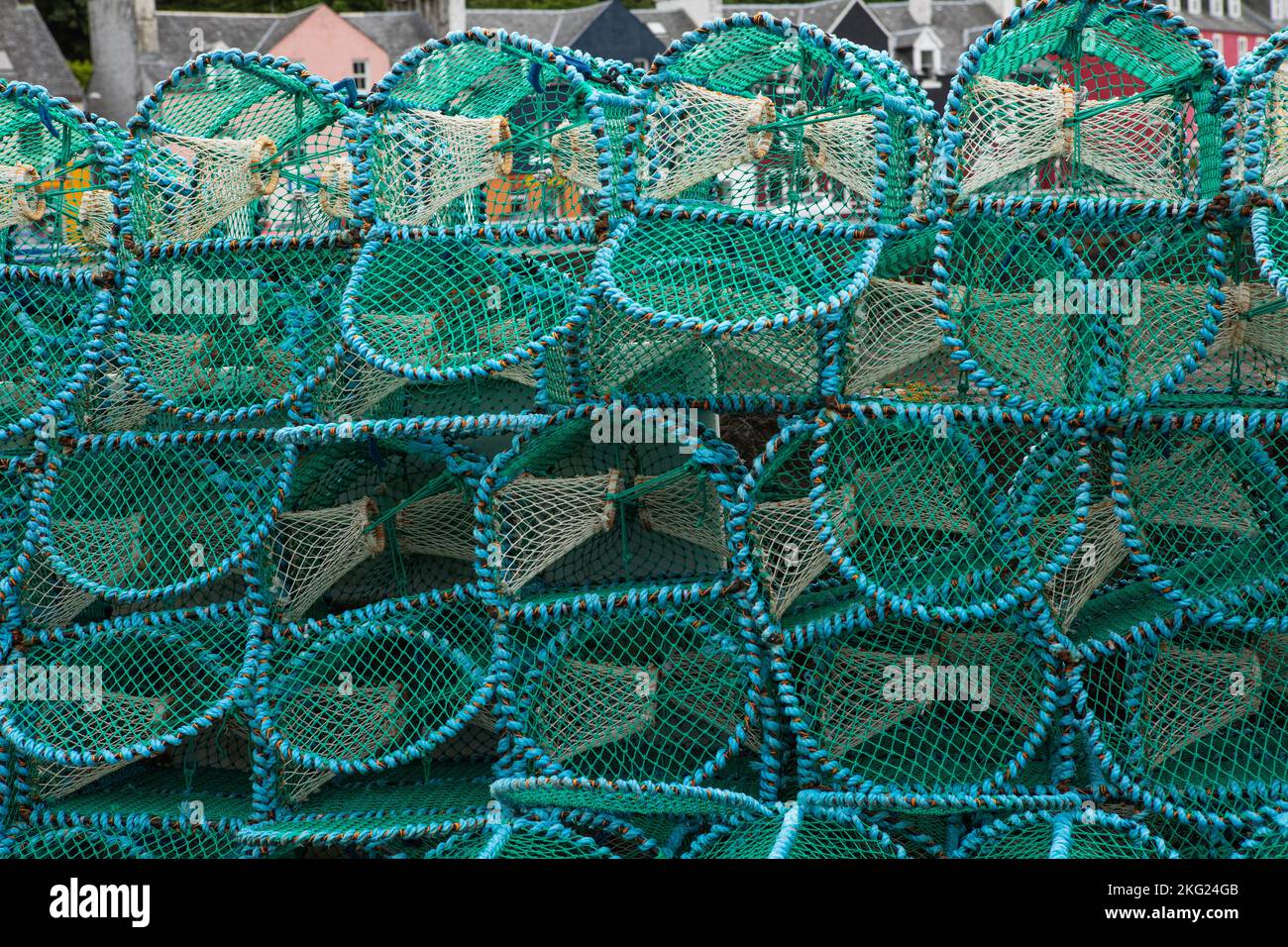 Potes de homard sur le quai à Tobermory, île de Mull, Écosse Banque D'Images