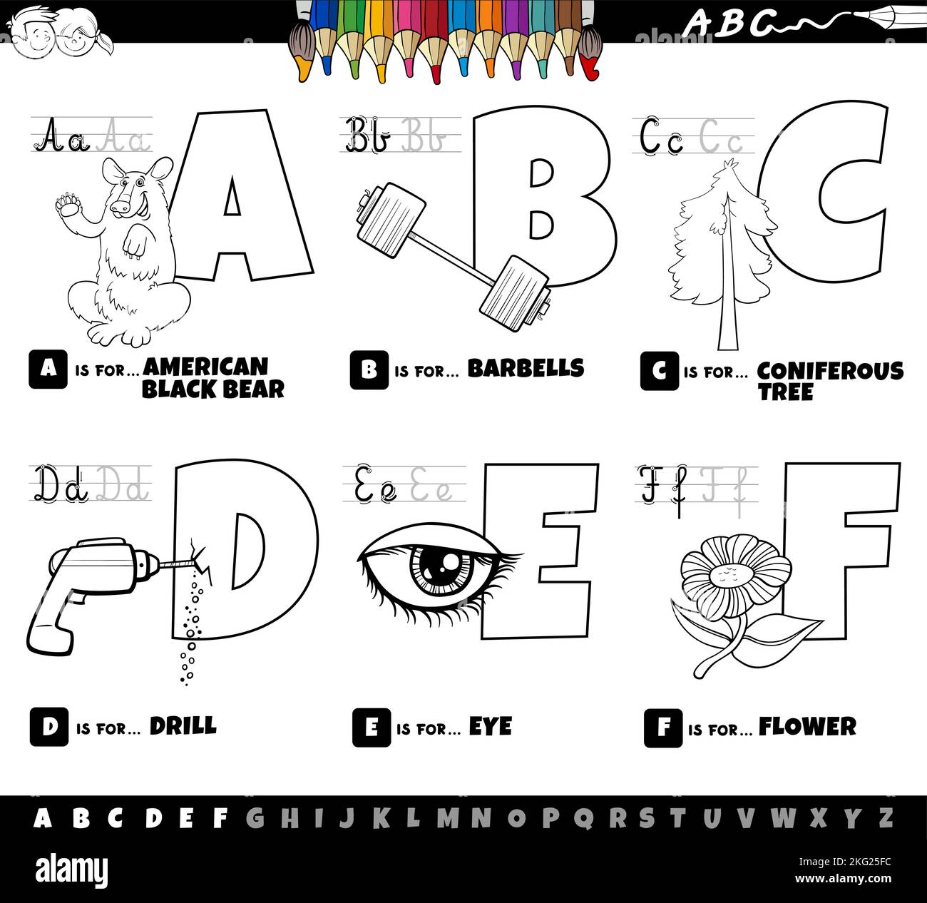 Dessin animé noir et blanc représentant des lettres majuscules de l'alphabet kit éducatif pour la pratique de la lecture et de l'écriture pour les enfants de Couleur a à F Illustration de Vecteur