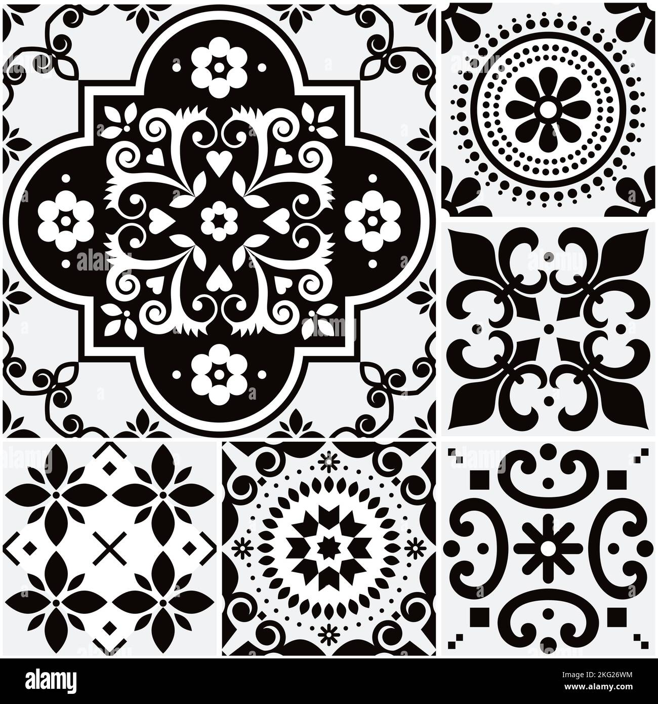 Azulejo carreaux sans couture vecteur ensemble de motifs - différentes tailles de carreaux, collection de design traditionnel inspiré par les ornements portugais et espagnol en noir A. Illustration de Vecteur