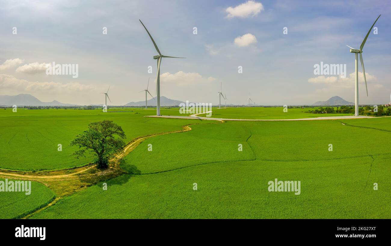 Moulin à vent pour la production d'énergie électrique, éoliennes produisant de l'électricité sur le champ de riz à Phan Rang, Ninh Thuan, Vietnam. Banque D'Images