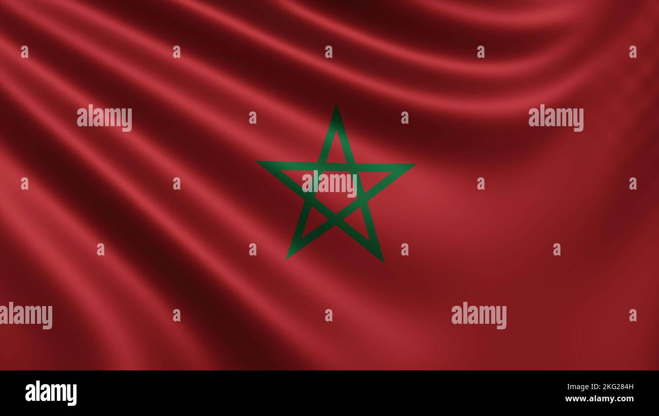 Rendu du drapeau marocain flotte dans le vent gros plan, le drapeau national du Maroc flotte en résolution 4K, gros plan, couleurs: RVB. Banque D'Images