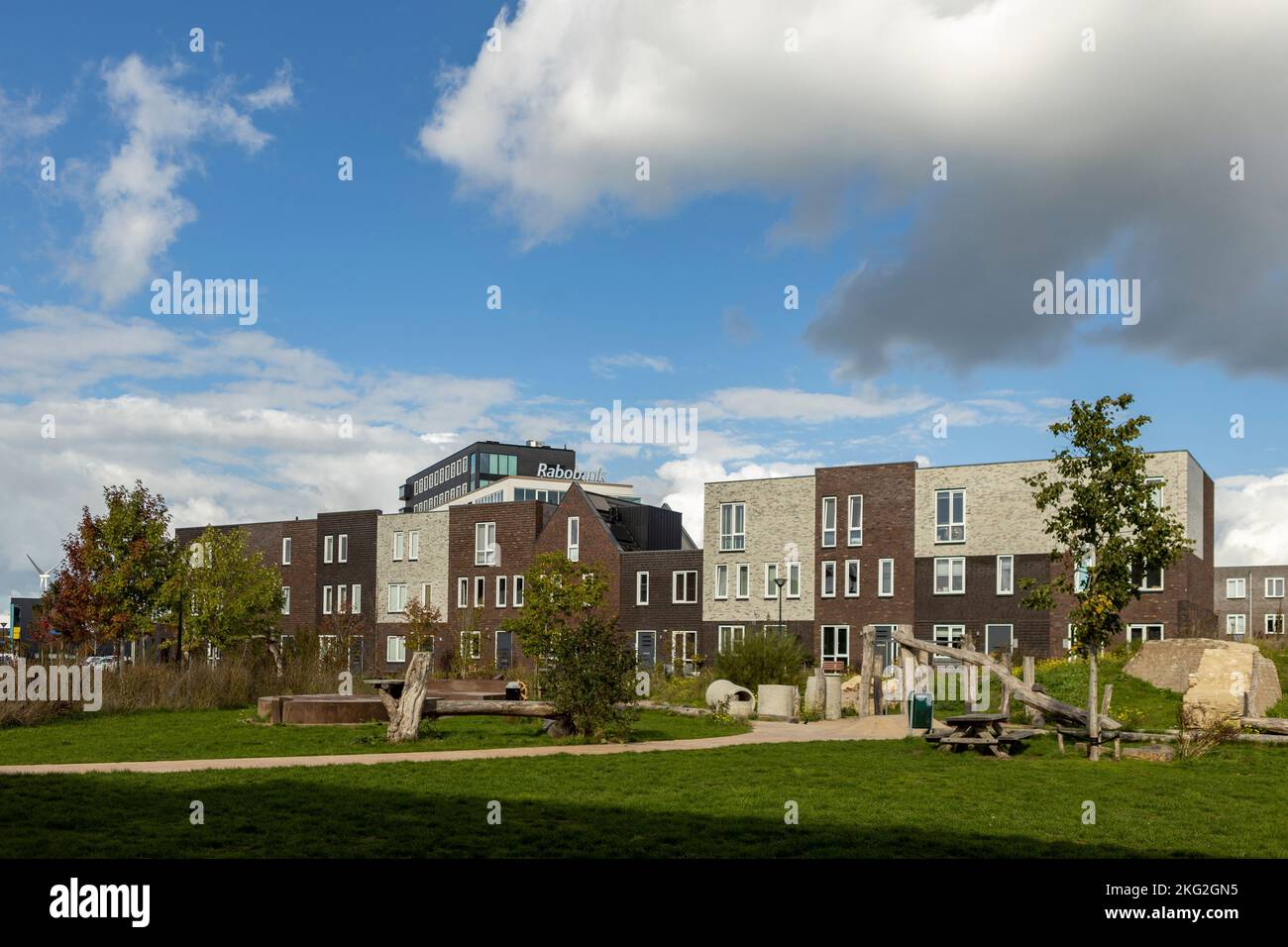 Parc de quartier ensoleillé au premier plan et rangée de maisons contemporaines avec élévation au-dessus Banque D'Images