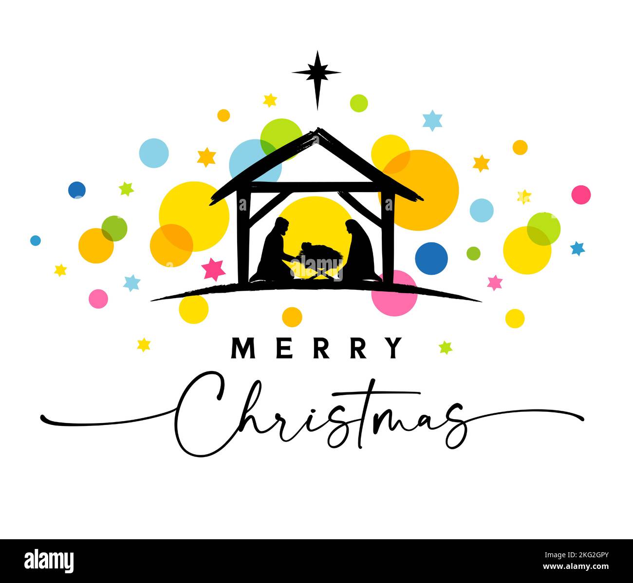 Carte de voeux à motif joyeux Noël avec lettres élégantes et étoiles colorées. Scène de la Nativité du bébé Jésus dans la mangeoire avec Marie, Joseph en silhouette Illustration de Vecteur